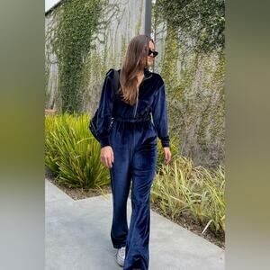 Fabletics Velour Zip-Up Wide Leg Onesie Deep Navy XS